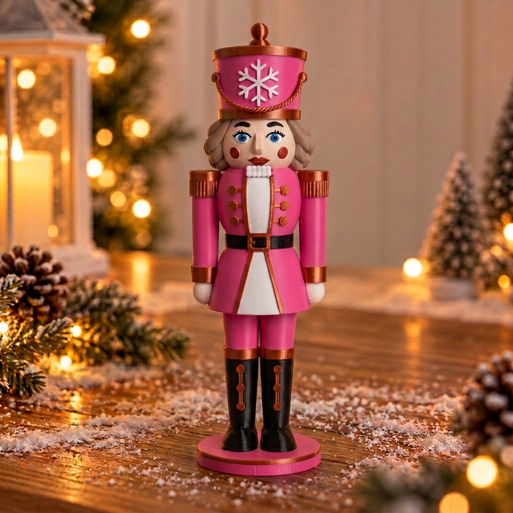 Nøddeknækker på fod med magenta uniform, kobberdetaljer og lysebrunt hår i hyggelige juleomgivelser